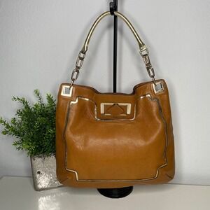 Anya Hindmarch Oversized Leather Shoulder Bag Tan Gold Chain Accent Glam